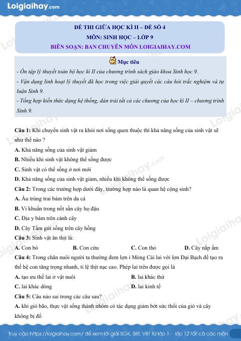 Đề kiểm tra giữa kì 2 Sinh 9 - Đề số 4 có lời giải chi tiết